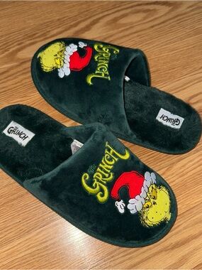 The Grinch Plush Holiday Slippers Dark Green with Red & Yellow embroidery